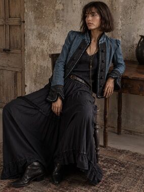 Vintage BANDOLERA Denim Jacket | Lace & Velvet Trim Victorian Utility Jacket